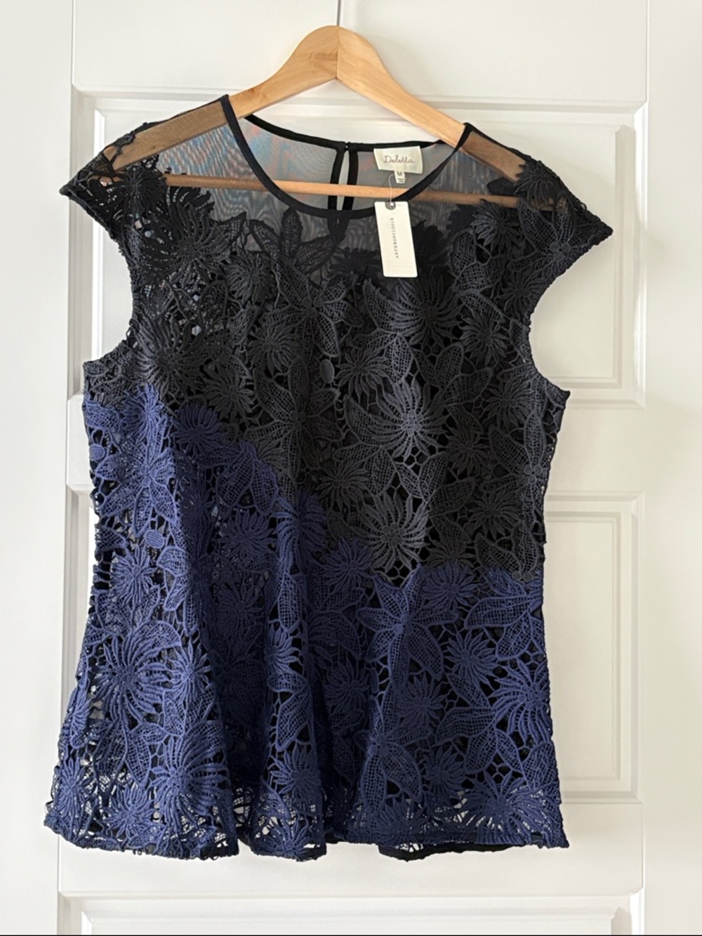 NWT Anthropologie Garden Guise Navy and Black Lace Blouse by Deletta in Medium